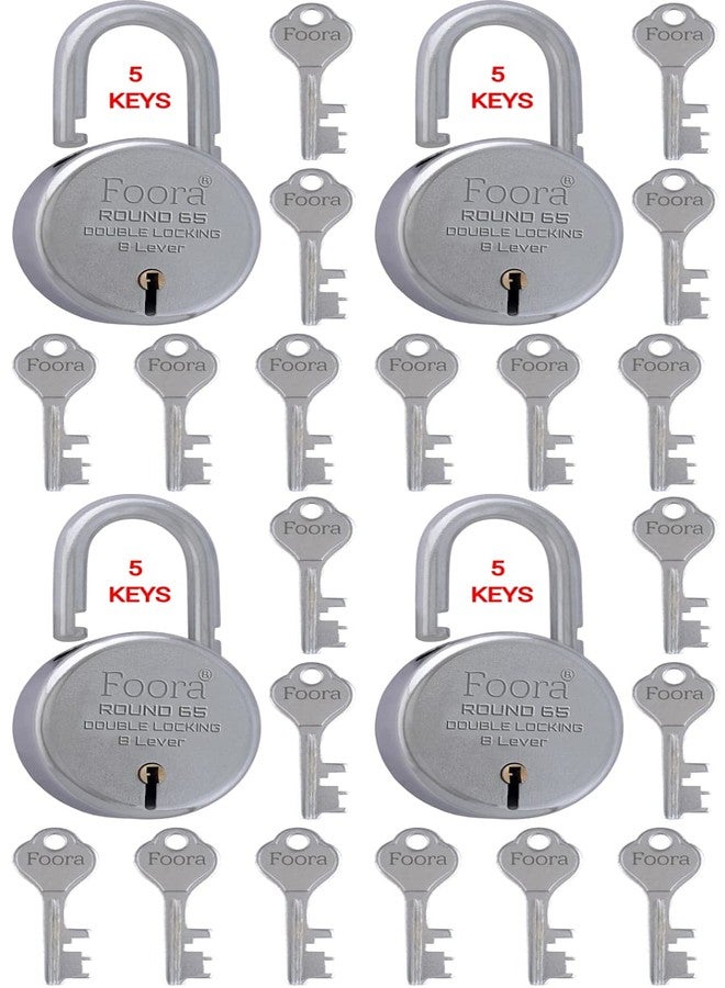 Foora Round_65 Pack of 4 with 5 Separate Keys Each, Steel Heavy Duty Shackle, Double Locking Technology 65mm (Silver) - Image 1